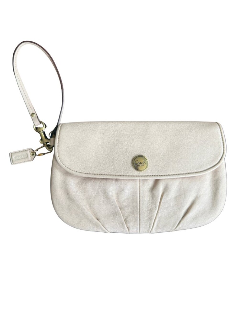 Coach Est 1941 Pleated Leather Wristlet Clutch Cream Gold Pink Satin Interior